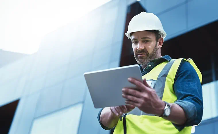 Man, architecture and tablet in outdoor as contractor for building floor plan, safety and design for development project.