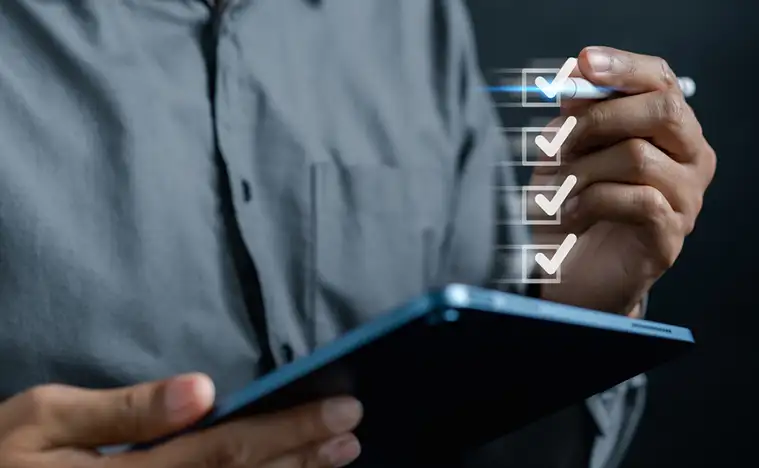 Digital Guarantee Checkmark, business checking quality assurance QA or QC management, certification Standardization, certification. Compliance to regulations service and standards