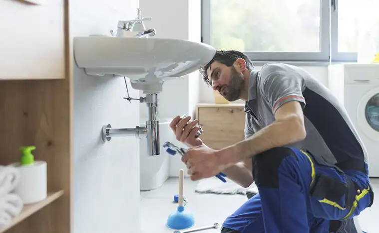 Emergency Maintenance Support Professional plumber working on a bathroom sink and replacing parts