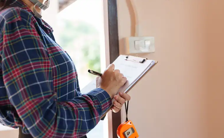 A maintenance worker looking at a clipboard.